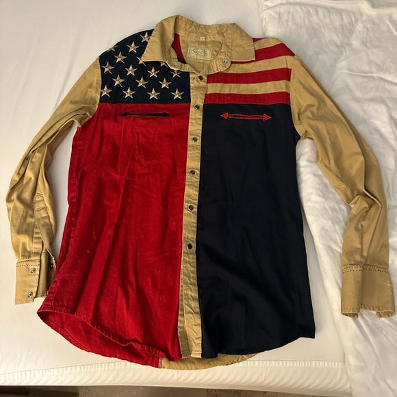 Scully Mens Antique Tan Stars and Stripes Western Shirt button down pearl snaps - Picture 3 of 9